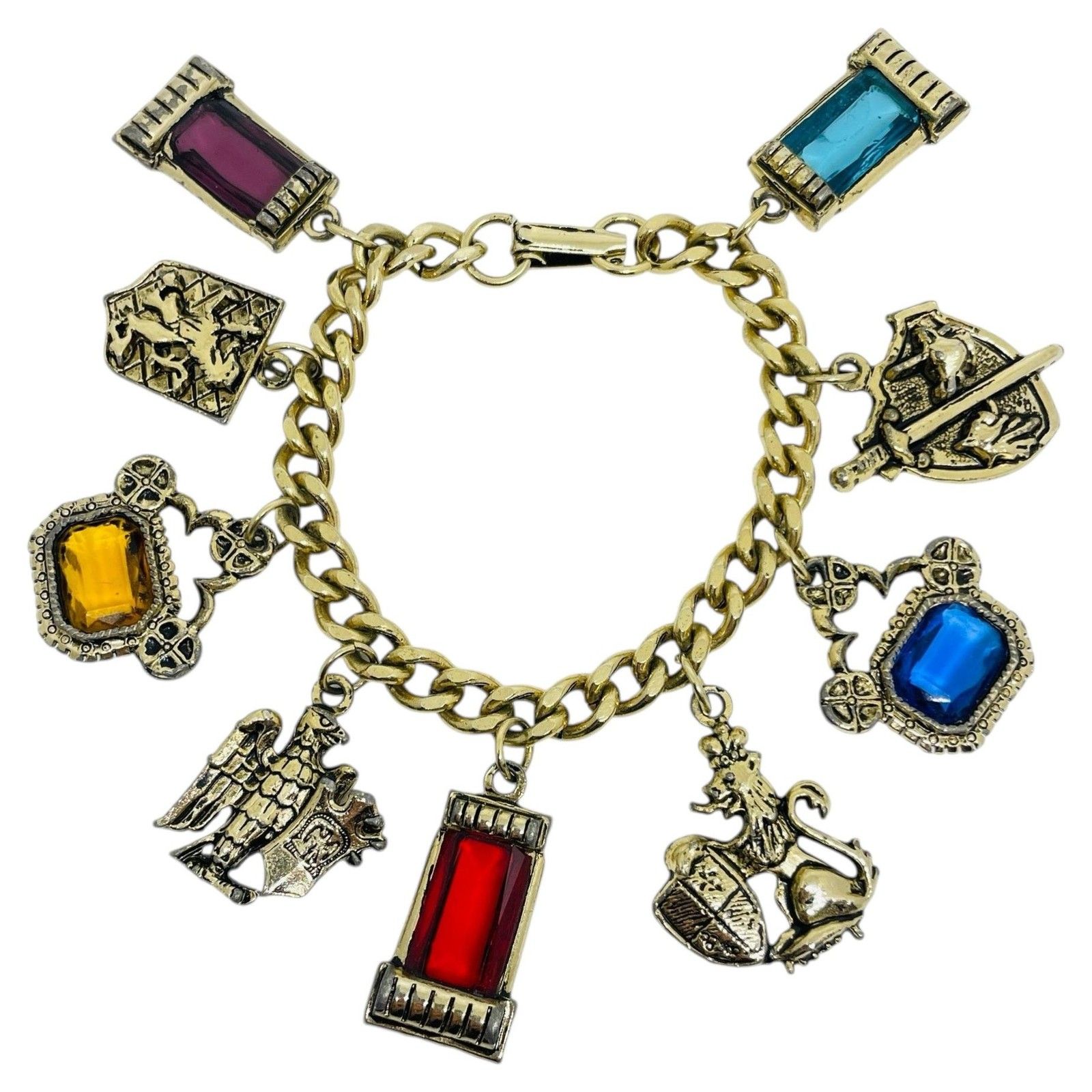 Vintage Gold Tone Colorful Jewel Glass Charms Chain Designer Bracelet